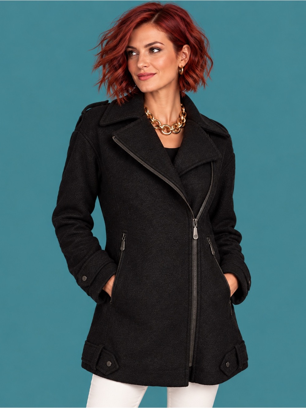 NWT Vince Camuto Black Asymmetrical Zip Wool Blend Moto Coat Jacket Petite Small